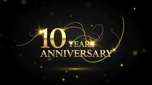 Elegant golden text celebrating 10 years anniversary with a festive vibe.