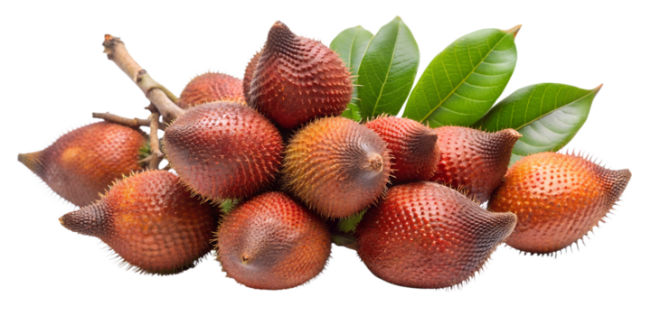 A group of salak fruits, also known as snake fruit, are clustered together with their reddishbrown, scaly skin and green leaves, isolated on transparent background