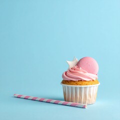 A single pink-frosted cupcake adorned with a macaron and star sits on a light-blue background, next to a pink-and-white striped straw