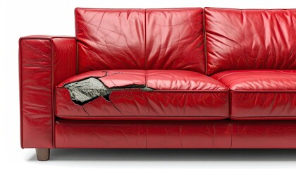 Red leather sofa with significant tear and wear, showing exposed stuffing.  The damage is centered on the left armrest and seat cushion