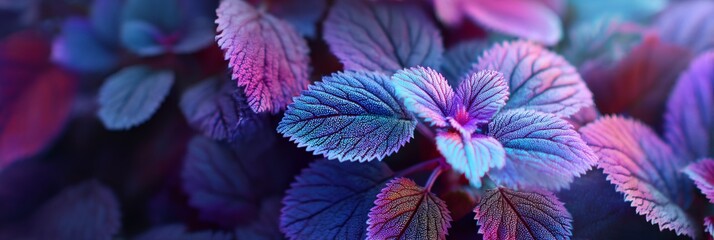 Close up of a plant with purple leaves. The leaves are frosted and the plant is in a blue background
