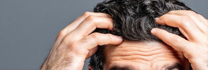 Fototapeta premium Stress and Frustration Reflected in a Mans Expression While He Runs His Fingers Through His Hair Against a Gray Background