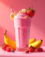 Pink smoothie in tall glass, garnished with strawberries, banana slices, and granola;  two bananas and berries are artfully placed in the foreground against a pink backdrop