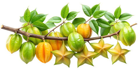 Star fruit branch isolated on transparent background displaying a mix of ripe and unripe fruits, showcasing the transition from green to yellow, with vibrant green leaves