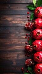 Ripe pomegranates and vibrant green leaves arranged along a dark wood background, interspersed with scattered seeds