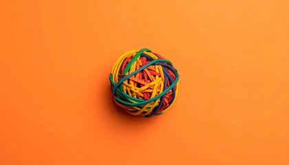 A sphere of multicolored rubber bands sits on a vibrant orange background.  The bands are tightly intertwined, creating a textured, colorful ball