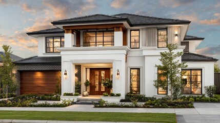 A grand, two-story house with a modern design, featuring a crisp white facade, dark gray shingles, and large, elegant windows, sits serenely in a landscaped yard under a soft evening sky.