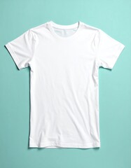 Plain white short-sleeved crew-neck t-shirt on a light teal background, flatly laid