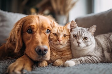 Dog and a cat are laying on a couch. The dog is brown and the cat is orange and gray