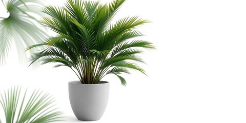 Fototapeta premium Elegant grey pot kentia palm, lush green foliage, isolated on white, potted palm, plant pot