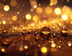 Golden bokeh lights and water droplets on a shimmering, dark surface;  a celebratory, luxurious feel