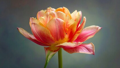 A single, vibrant tulip, showcasing a blend of pink and yellow hues, is captured in a close-up shot against a blurred background