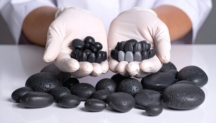 Gloved hands display two piles of smooth, dark grey and black stones,  resting on a larger collection of similar stones on a white surface