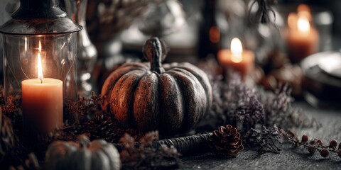 Table is set with candles and pumpkins, creating a warm and cozy atmosphere. The candles are placed in various locations around the table, with some near the center and others on the sides