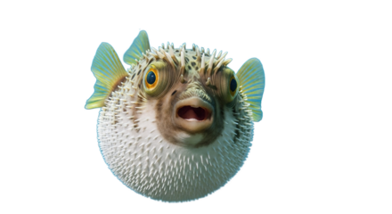 Pufferfish swims in clear blue water near coral reef underwater scene.