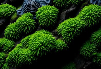 Fototapeta premium Emerald moss thrives on a deep black backdrop, black, dark green