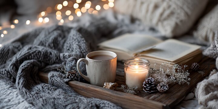 Tray with a cup of coffee and candles on it. The tray is on a bed. There are two pillows on the bed - Powered by Adobe