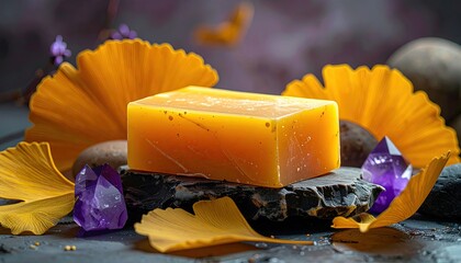 A rectangular bar of amber-hued soap rests on a dark stone, surrounded by ginkgo leaves, amethyst crystals, and smooth stones, creating a serene and luxurious spa-like setting