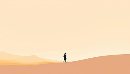 Layered paper cut silhouette, solitary figure in minimalist desert; cool tones, negative space, introspection, calm, figure