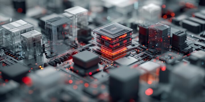 Computer chip with a red light on it. The chip is surrounded by other chips. The chips are all different sizes and shapes