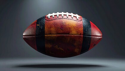 A worn, red and black American football, seemingly floating against a dark grey backdrop, illuminated from above, showing significant texture and age