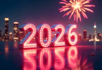 Vibrant 2026 cityscape illuminated by dazzling fireworks and glowing marquee numbers, celebrating new beginnings with urban excitement and festive cheer.