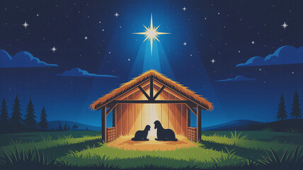 Starry night sky illustration with glowing bright star above peaceful stable, symbolic nativity seasonal Christmas artwork representing tradition, spirituality, and celebration
