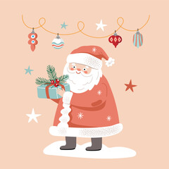 Christmas card with Santa Claus and a garland of Christmas tree decorations. Flat vector illustration on a peach background.