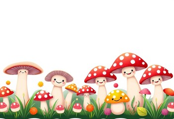Fototapeta premium Seamless vector border of cute smiling toadstools, perfect for kids' fabric, trim, and decor, children, kawaii