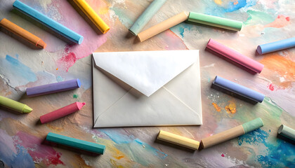 Naklejka premium Creative Artwork with Envelope and Colorful Chalk on Textured Surface