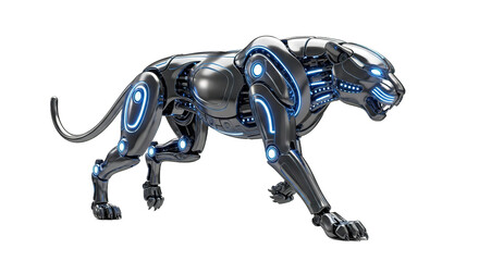 Robotic panther with blue glowing lines isolated on a white background.