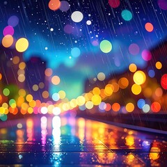 Rainy night city scene with vibrant bokeh lights reflecting on wet pavement