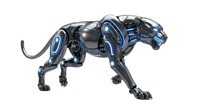 Robotic panther with blue glowing lines isolated on a white background.