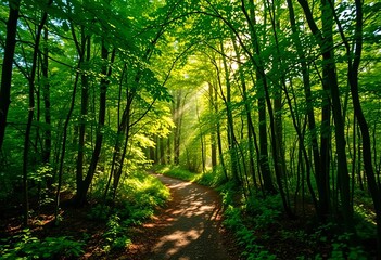 Fototapeta premium Sun-dappled forest path, winding trail through lush green canopy, leaves, digital