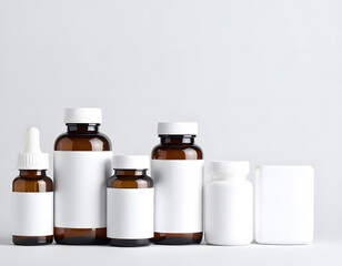 Various Brown Glass Bottles with White Labels on Light Background