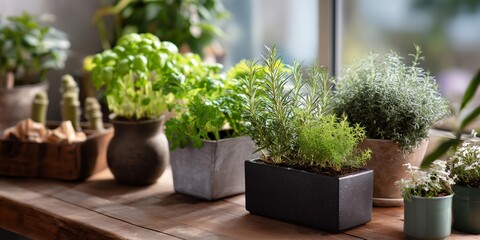 Fototapeta premium Table with many potted plants, including a black planter with herbs. There are also some small plants in vases