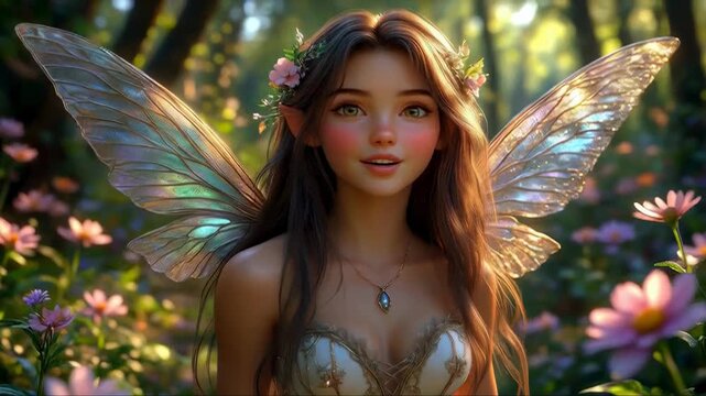 A fairy stands gracefully in a beautiful forest filled with vibrant flowers. Soft golden light shines through the trees, highlighting her delicate wings and serene expression.