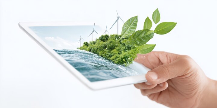 Hand holding a tablet with a green screen showing a forest and a body of water. The screen is showing a tree with leaves and a windmill
