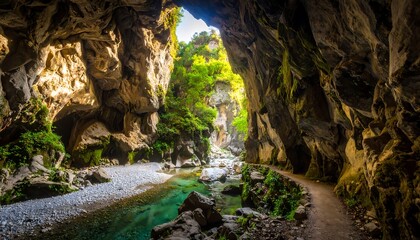 Cave entrance with turquoise river