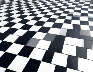 Black and White Checkerboard Floor with Glossy Tile Finish