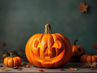 Glowing Jack o Lantern with Pumpkins and Leaves