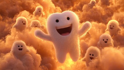 A fluffy, joyful character floats amidst a cloud of warm, orange-toned puffs.