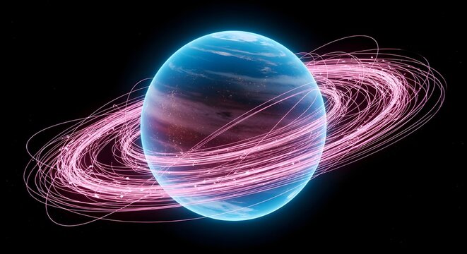 Stunning digital rendering of futuristic planet with glowing rings, perfect for science fiction, technology concepts, and cosmic backgrounds