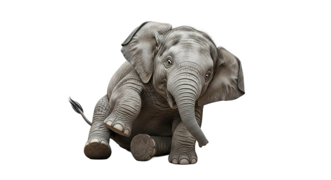 Elephant sits on a white background looking at the viewer.