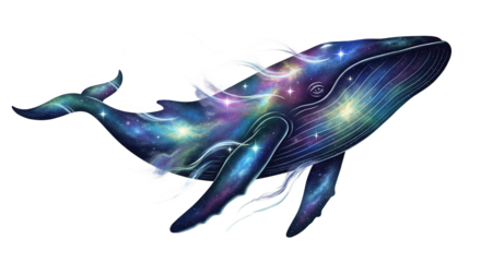 Whale illustration with galaxy pattern and smoke trails on a white background.