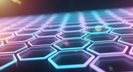 Obraz premium Dynamic abstract hexagonal grid with vibrant neon lighting creates a futuristic digital network backdrop for technology innovation and data flow concepts