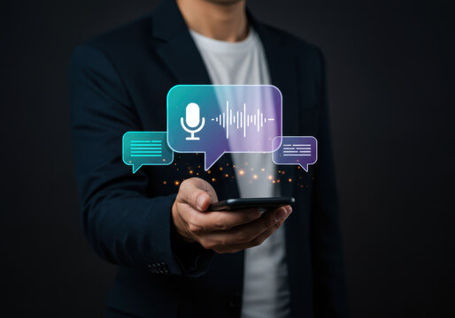 AI voice recognition: Man using a smartphone for virtual commands.