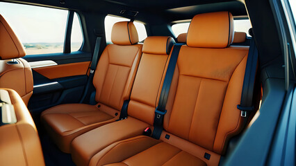 Obraz premium Side view of empty back seats modern car with luxurious orange leather interior and auto cabin panoramic sunroof - luxury vehicle, comfortable transportation, automotive design, travel concept