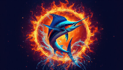 Fototapeta premium Powerful Atlantic blue marlin leaps with sun burst on fiery orange canvas. Ideal for sport fishing apparel, tees, souvenirs, showcasing athletic fishing