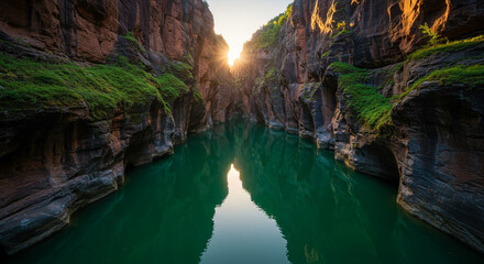 Emerald canyon river reflecting cliffs